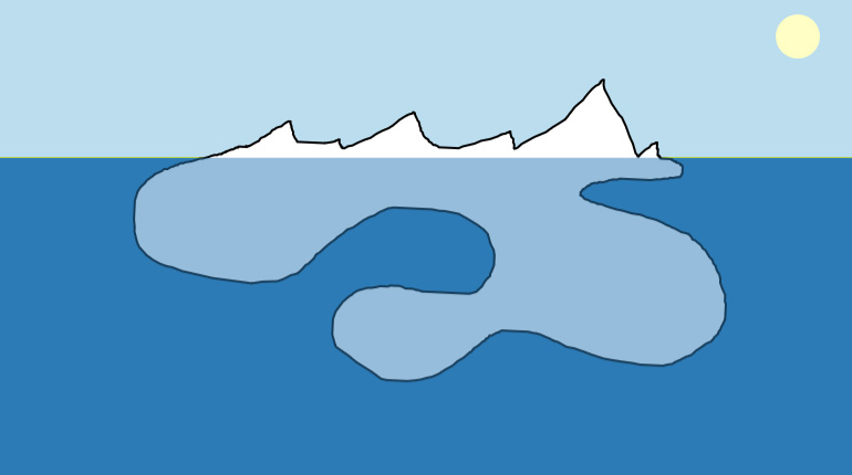 Einfache Illustration eines Ozeans mit hellblauem Himmel (zirka oberes Drittel) und dunkelblauem Meer (zirka zwei Drittel, unten). An der Wasseroberfläche schwimmt ein Eisberg – symbolisiert durch einen weißes Objekt mit Zacken, Ecken und Rundungen. Es sind zirka 10 % über der Wasserfläche. Der Rest ist untergetaucht (hellblau).. Bild: copy Joshua Tauberer (Zeichnung Franziska Köppe | madiko)