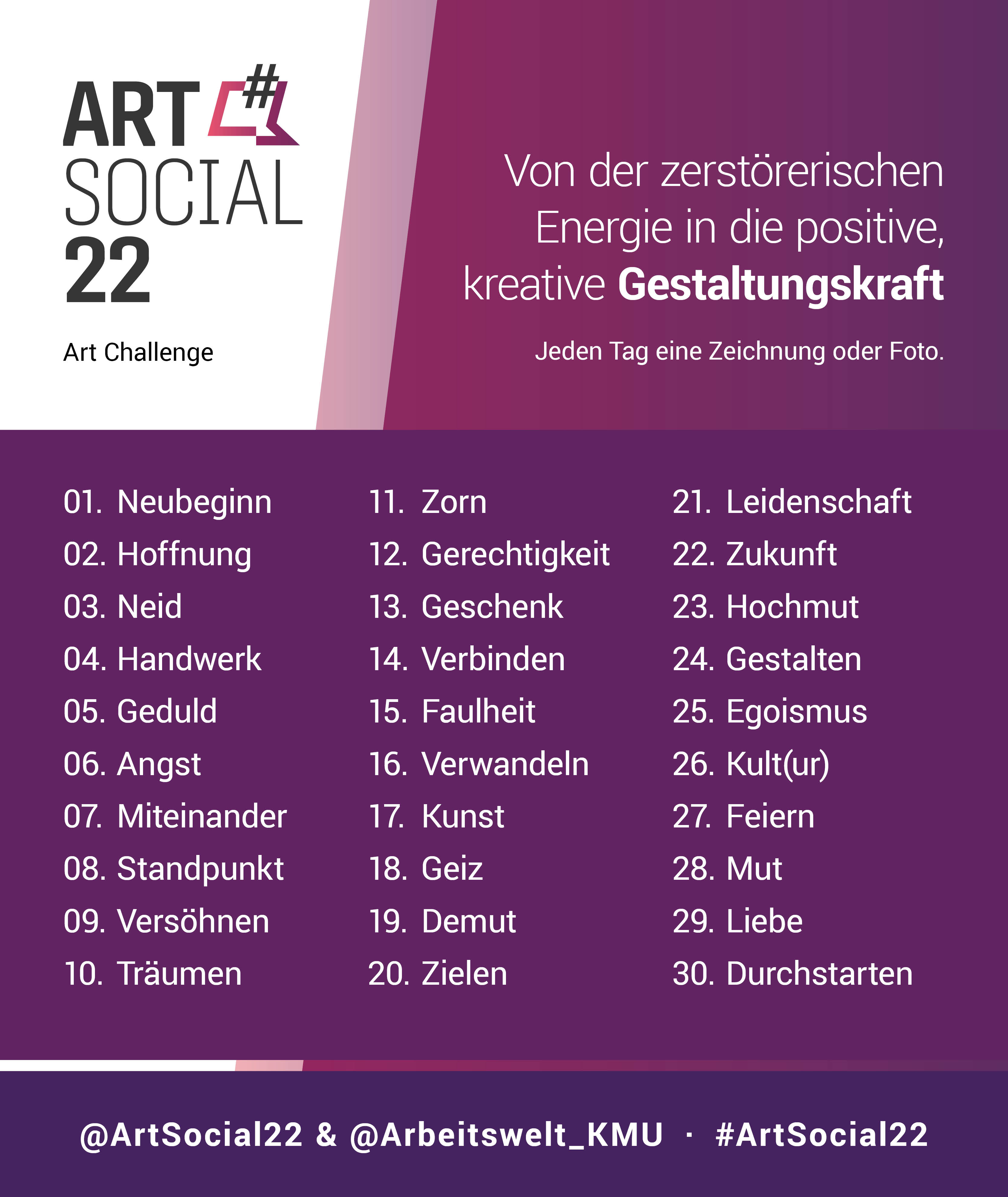 ArtSocial22: Promt-List EnjoyWork Art Challenge (01. bis 30. April 2022). Bild: cc EnjoyWork & ArtSocial22