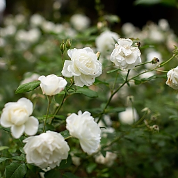 Rosenbüsche mit größtenteils verwelkten, weißen Blüten. 