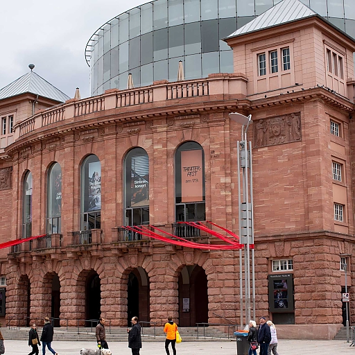 Rote Sandstein-Fassade des Theaters Mainz mit zwei Türmen je rechts und links und einem geschwungenen mit großen Rundbogen-Fenstern durchbrochenen Vorbau. Zum Eingang führen Treppen und eine langgezogene Rampe. Im Hintergrund ragt der Rundbau der Bühne in die Höhe. Darauf befinden sich Solar-Panele (nicht im Bild).