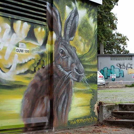 Graffiti an einer Garage am Kaiser-Wilhelm-Ring: Hase sitzt in einer grünen Landschaft (Stil: Realismus).