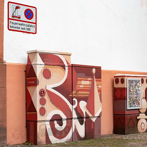 Graffiti am Verteilerkasten des Institute Francaise mit zum Gebäudestil passenden Ornamenten (Form und Farben harmonieren zum Haus).