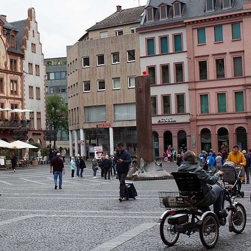 Marktplatz von Mainz mit Menschen, die in verschiedene Richtungen laufen, rechts noch im Bild ein Tribike mit einer älteren Frau. 