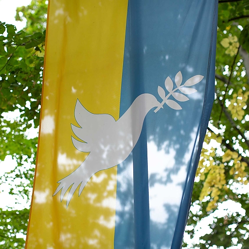 Nahaufnahme der Friedensfahne (weiße Taube mit Zweig auf blau-gelbem Grund) auf dem Platz vor St. Stephan. Im Hintergrund unscharf die grünen und gelben Blätter der Bäume, unscharf.