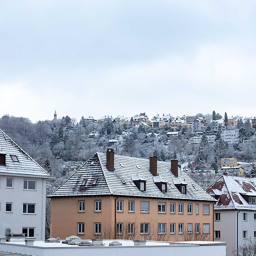 Blick auf Stuttgart-Süd (Lehenviertel) und Degerloch. Häuser, Büsche und Bäume sind überzuckert mit einer feinen Schicht Schnee.