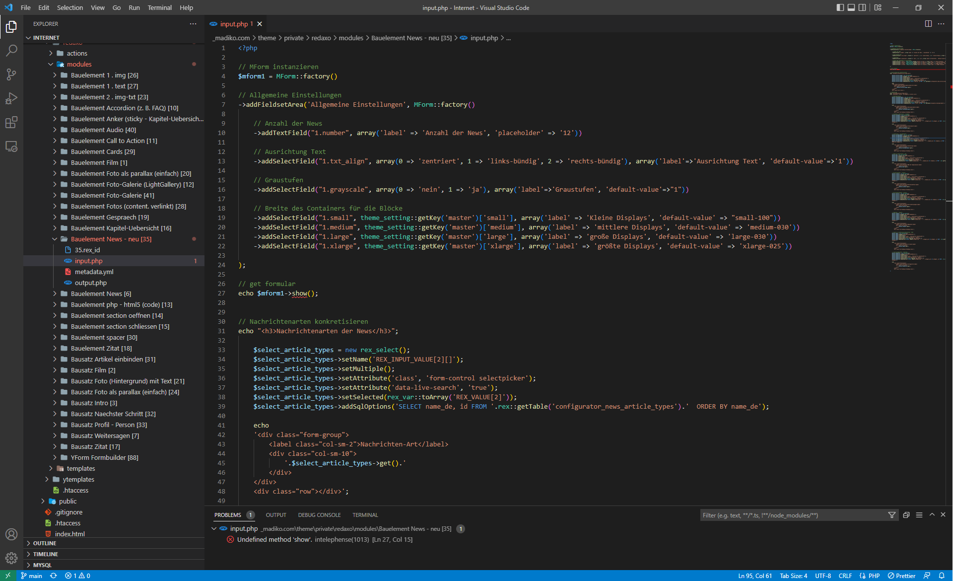 Screenshot Visual Studio Code: Quellcode des Modul-Input für das News-Modul. Bild: cc Franziska Köppe | madiko